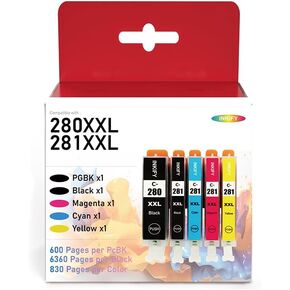 PGI-280XXL/CLI-281XXL Compatible Ink Cartridge Replacement for Ink 280 and 281 Cartridge High Yield Use to PIXMA TR7520 TR8520 TR8500 TR8600 TR8620 TS6120 TS6220 TS9120 (5 Value Pack)