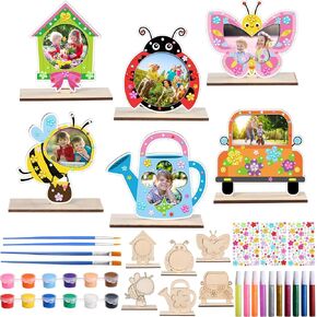 12 Sets Spring Wooden Picture Frame Crafts Kit Bulk DIY Paint Your Own Photo Frame with Standing Base Gem Stickers Painting Brush Gifts for Classroom Activity Mother Home Display Decorations