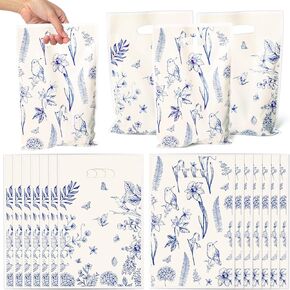 Blue and White Floral Bird Party Favor Bags - 50Pcs Plastic Sketch Birds Flowers Candy Treat Snack Gift Sacks with Handles Blue and White Snack Goodie Bags for Wedding Birthday Party Supplies Decor