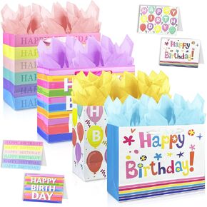 MUMULULU 4 Pack 12.6" Large Gift Bag with Card and Tissue Paper Happy Birthday Gift Bags for Birthday Party Gift Wrapping Presents