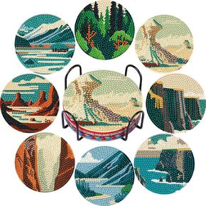 DOZEEZOP 8 PCS Diamond Art Coasters Kit, Diamond Painting Coasters with Holder, Fall Diamond Art Kits for Adults Beginners, Arts and Crafts Supplies Party Item Sets