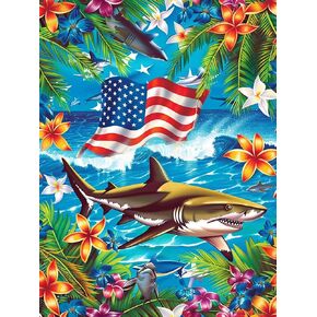 Ginfonr 5D DIY Diamond Art Painting Sharks by Number Kits Full Drill for Adults, Paint with Diamonds Art American Flag Cross Stitch Embroidery Rhinestone Craft for Home Wall Decor 12x16 Inch