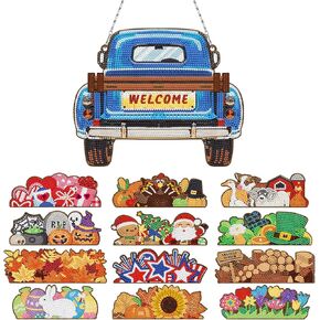 MaiYiYi 12 PCS Diamond Painting Hanging Pendant, Welcome Diamond Art Painting Sign Kit, Interchangeable Seasonal Wooden Truck Ornament Sign Diamond Painting Set for Home Farmhouse Decor (Green)