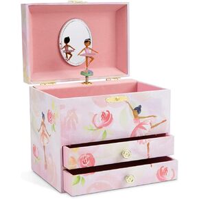 Jewelkeeper Ballerina and Roses Girl's Musical Jewelry Box, 2 Pullout Drawers, Swan Lake Tune