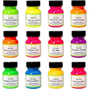 Angelus Neon Acrylic Leather Paint Set – 12 Vibrant Colors, 1 oz Each – Non-Toxic Leather, Canvas, Wood Paints for Customization and Crafting. Flexible, Mixable, Made In USA