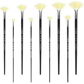 XDT#646 Fan Artist Paint Brush 9 Piece Set Medium Stiff Hog Bristle Extra Long Handle #0#2#4#6#8#10#12#14#16, Acrylic Oil Watercolor