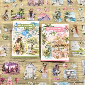 DAPUTOU 2Books Scenery Scrapbooking Stickers 220PCS PET Transparent Floral Travel Spring Summer Autumn Winter Nature Stickers for Scrapbook Aesthetic Junk Journal Craft Card Making Journaling