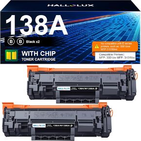 HALLOLUX 138A Black Laserjet Toner Cartridge (with Chip) Compatible Replacement for HP 138A W1380A 138X W1380X for HP Laserjet Pro 3001dw MFP 3101fdw 3001fdw Printer Ink (2 Pack Black, 138A Toner)