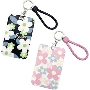2 Pcs Kpop Photocard Holder Keychain Flower ID Badge Holder with Keychain Kpop PC Holder Student Bus Card Pendant Keychain Badge Reel Stationery for Back to School (Black and Pink)
