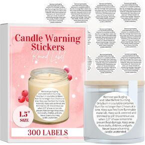 Candle Warning Stickers, 1.5" Round Label, 300 Labels, Black and White Text, Sticker Decal for Candle Jars, Tins and Votives