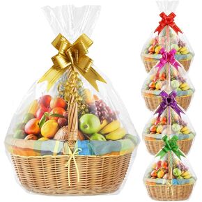 MAOUYWIEE Hampers Bags with Pull Bows, 5 Pack 26.8 x 37 Inches Basket Gift, Cellophane Wrap Bags for Hamper Making Easter Gift Presents Packaging