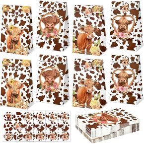 24Pcs Highland Cow Party Favor Bags Brown Cow Printed Paper Goodie Candy Bags Highland Cattle Floral Treat Candy Bags for Birthday Cowboy Party Baby Shower Supplies