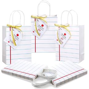 Gilprop 12 Pcs Teacher Appreciation Gift Bags with Paper Tag Thank You Teacher Gift Bags with Handle End of Year Teacher Gifts with Tape Measure Ribbon for Graduation Back to School Party Favors