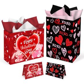 2PCS Valentines Day Gift Bags, 13 x 10.2 x 4.9 in, with Card and Tissue Paper, Happy Valentines Day Paper Bags for Party Favor