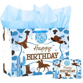 Blue Cowboy Birthday Gift Bag Large Western Happy Birthday Wrapping Paper Bags Decorations with Handles Greeting Card Tissue Paper Wild West Cow Farm Wrap Bags for Party Favors Decor Boy Men Supplies