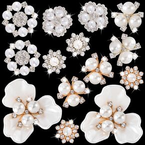 14 pcs Pearl Flower Buttons, Flower Buttons Vintage Pearl Brooch, Rhinestone Embellishments for Jewelry Making, Wedding Bouquet, Clothing Decoration, DIY Crafts - Gold Color, Silver Color