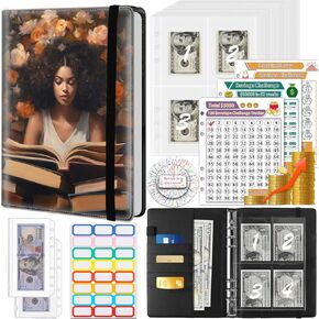 Money Saving Binder, 100 Envelopes Money Saving Challenge, Cash Envelopes Budget Binder & 3 Budgeting Planner Trackers, PU Leathers A5 Money Saving Planner Book，Black Cat in Purple Flower Bush