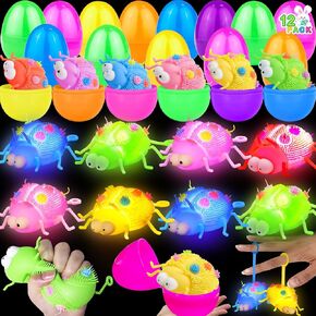 12 Pack 3.5" Easter Eggs Prefilled Ladybug Puffer Stress Ball for Toddlers, Light Up Stress Relief Fidget Toys Squeeze Sensory Ball for Kids Easter Basket Stuffers Egg Hunt Fillers Party Favor