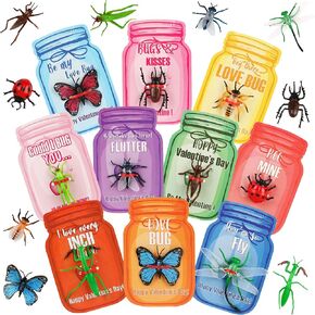 Valentines Day Gifts for Kids-30 Pack Mason Jar Valentines Cards Bulk with Bug Toys, Funny Greeting Kids Valentine Exchange Gift Cards Sets for Toddlers Girls Boys School Classroom Prize Party Favors