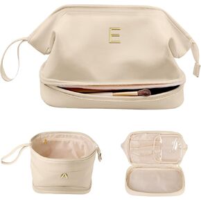 Bridesmaid Gift, Initial Makeup Bags, Personalized Double Layer Cosmetic Bag with Makeup Brush Organizer, Waterproof, Large Capacity PU Leather Travel Toiletry Bag