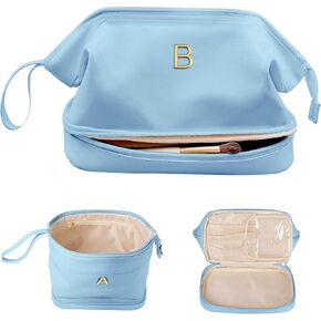 Bridesmaid Gift, Initial Makeup Bags, Personalized Double Layer Cosmetic Bag with Makeup Brush Organizer, Waterproof, Large Capacity PU Leather Travel Toiletry Bag in Kuwait