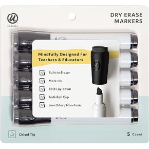 U Brands Fine Tip Dry Erase Markers with Eraser, Whiteboard Markers with Chisel tip, Extra Ink, Low Odor, Black, Set of 5
