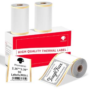 Phomemo Thermal Labels-Gold Linear Border for Barcode/Address/Logo/Mailing/Business/Home Tag, Compatibility with M220/M250/M221 Label Maker, 2.36"x3.39"(60x86mm),90 Labels/Roll, 3 Rolls
