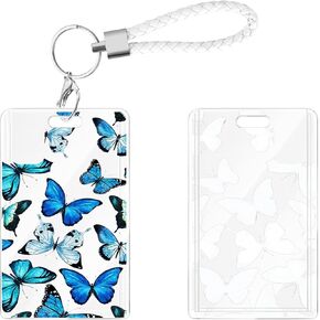 CameCosy Cute ID Badge Holder with Lanyard Chain Keyring, ID Name Slide Open Clear Badge Card Holder for Office/School ID Credit Cards (Blue Butterfly)