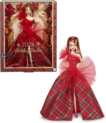 Barbie 2024 Holiday Dolls ، لعبة جامع موسمية ، توقيع ، ثوب منقوش مع القوس الأحمر ، عبوات قابلة للشفاء ، شعر أحمر in Kuwait