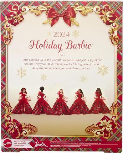 Barbie 2024 Holiday Dolls ، لعبة جامع موسمية ، توقيع ، ثوب منقوش مع القوس الأحمر ، عبوات قابلة للشفاء ، شعر أحمر in Kuwait