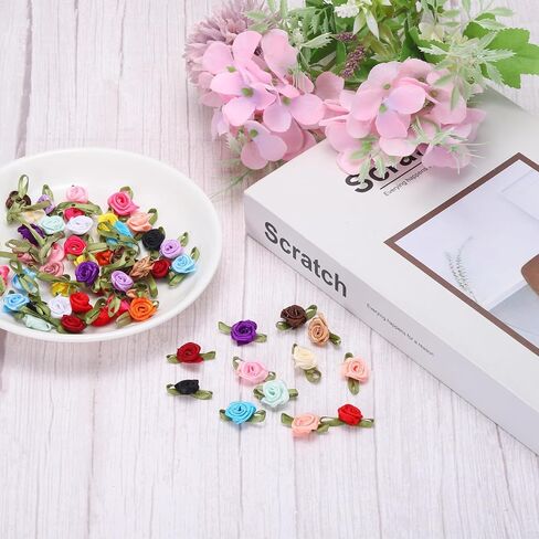 MECCANIXITY 100pcs Beige Ribbon Roses 5/8"x1-3/16" Mini Roses for Crafts Little Satin Bows Roses Artificial Flowers in Kuwait