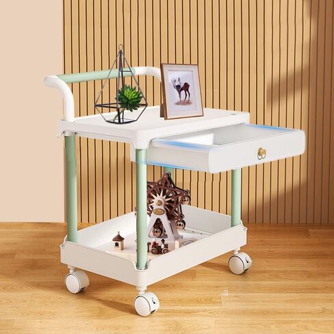 2 Tier Rolling Utility Cart with Drawer and Table Top Multifunctional Storage Organizer with Plastic Shelf and Lockable Wheels Under Desk Storage Cart with Handle for Kitchen Bathroom Office Bedroom in Saudi Arabia