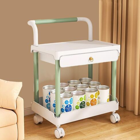 2 Tier Rolling Utility Cart with Drawer and Table Top Multifunctional Storage Organizer with Plastic Shelf and Lockable Wheels Under Desk Storage Cart with Handle for Kitchen Bathroom Office Bedroom in Saudi Arabia