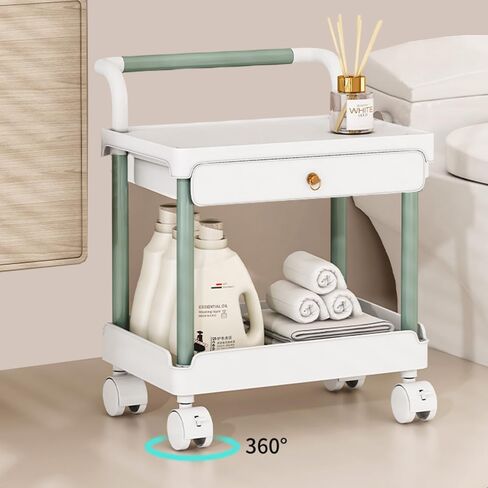 2 Tier Rolling Utility Cart with Drawer and Table Top Multifunctional Storage Organizer with Plastic Shelf and Lockable Wheels Under Desk Storage Cart with Handle for Kitchen Bathroom Office Bedroom in Saudi Arabia