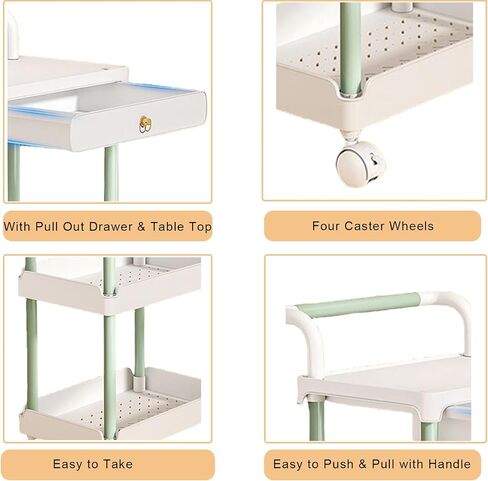 2 Tier Rolling Utility Cart with Drawer and Table Top Multifunctional Storage Organizer with Plastic Shelf and Lockable Wheels Under Desk Storage Cart with Handle for Kitchen Bathroom Office Bedroom in Saudi Arabia