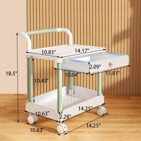 2 Tier Rolling Utility Cart with Drawer and Table Top Multifunctional Storage Organizer with Plastic Shelf and Lockable Wheels Under Desk Storage Cart with Handle for Kitchen Bathroom Office Bedroom in Saudi Arabia