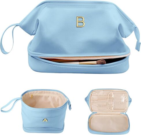 Bridesmaid Gift, Initial Makeup Bags, Personalized Double Layer Cosmetic Bag with Makeup Brush Organizer, Waterproof, Large Capacity PU Leather Travel Toiletry Bag in Kuwait