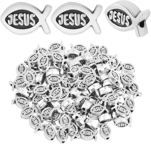 100pcs Jesus Fish Spacer Beads Religious Charm Beads Tibetan Alloy Christian Fish Shape Loose Beads for DIY Bracelet Necklace Jewelry Making Supplies in Kuwait