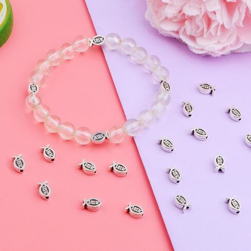 100pcs Jesus Fish Spacer Beads Religious Charm Beads Tibetan Alloy Christian Fish Shape Loose Beads for DIY Bracelet Necklace Jewelry Making Supplies in Kuwait