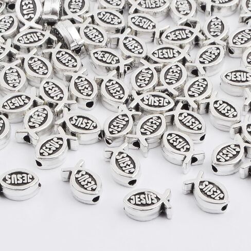 100pcs Jesus Fish Spacer Beads Religious Charm Beads Tibetan Alloy Christian Fish Shape Loose Beads for DIY Bracelet Necklace Jewelry Making Supplies in Kuwait