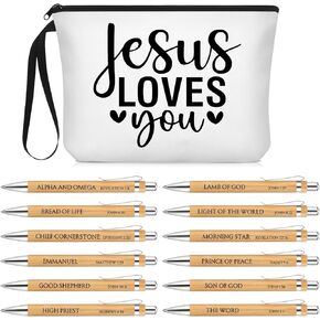 13 Pcs Christian Gifts Bulk, 12 Pcs Names of God Faith Ballpoint Pens with Jesus Love You Bags Religious Scripture Bible Verse Study Supplies for Women Men Office School Easter Church Gifts