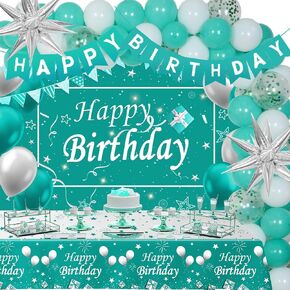Teal Birthday Decorations for Women Girls, 80PCS Turquoise Birthday Party Decorations, Happy Birthday Backdrop Banner Tablecloth Confetti Star Balloons Arch, Men Boys Teal White Bday Party Supplies