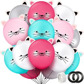 50 Pieces 12 Inch Kitty Party Latex DIY Animal Cat Balloons for Birthday Party with Ears Cat Kids Balloons for Girls Supplies, 5 Colors