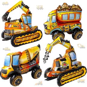 4 Pcs Self Standing 4d Construction Balloons Birthday Party Supplies Excavator Vehicle Dump Truck Mixer Truck Foil Balloons for Construction Birthday Party Decorations