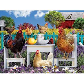 Bits and Pieces – 500 Piece Jigsaw Puzzle for Adults – A Brood for Luncheon - Chicken Rooster Farm Flowers Country Tea Time Butterfly Jigsaw Puzzle by Artist Karen Burke