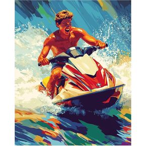 Jet Ski Paint by Numbers, Water Sports Paint by Number Kit for Adults, Ocean Waves Acrylic Beginner DIY Oil Painting on Canvas for Gift, Home Wall Decor(16x20inch, No Frame)