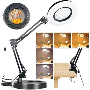 10X15X Magnifying Glass with Light and Stand 2-in-1 LED Magnifying Glasses with Light-5 Color Modes Stepless Dimmable Real Glass Magnifying Lamp-Hands Free Lighted Magnifying Glass