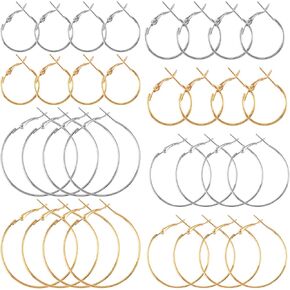 32pcs Earring Hoops for Jewelry Making, Hypoallergenic Round Earring Hoop Findings, Open Beading Earring Making Supplies 20mm 25mm 30mm 40mm- Silver & Gold