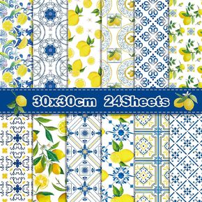 24 Sheets Tiles Lemons Pattern Paper 12'' x 12'' Mediterranean Lemon Scrapbook Paper Pad Royal Blue and White Double-Sided Scrapbook Specialty Paper for Card Making, Origami, DIY