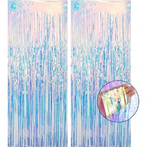 Iridescent Party Decorations, Neon Transparent Mermaid Birthday Decorations. Tinsel Foil Fringe Curtain Backdrop for Mermaid/Frozen/Sea/Euphoria/Elsa/Disco Party